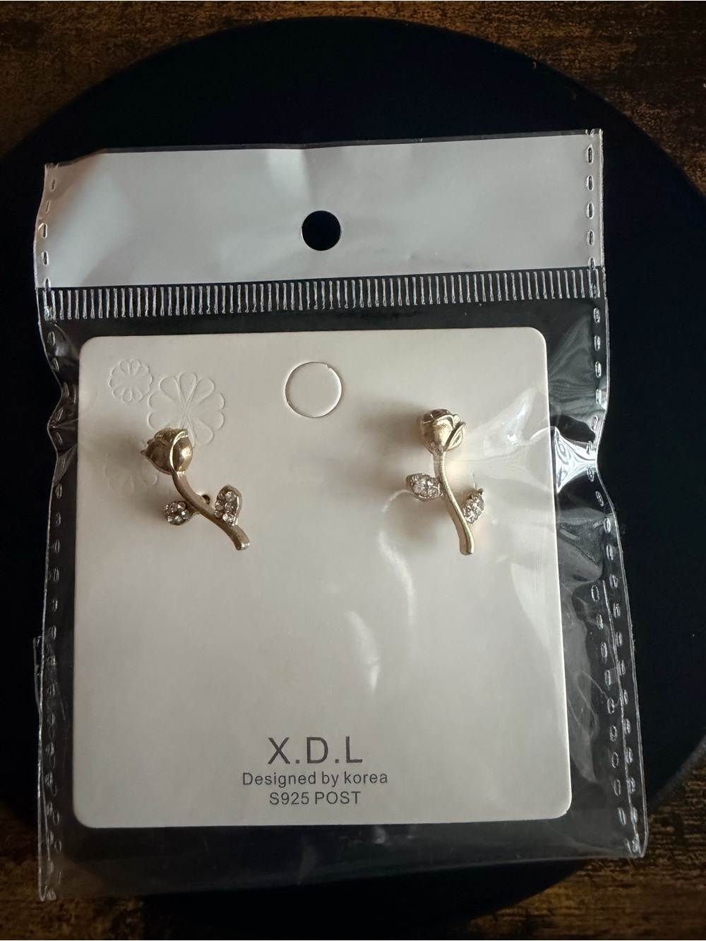 Gold Rosebud Stud Earrings with Crystal Leaves